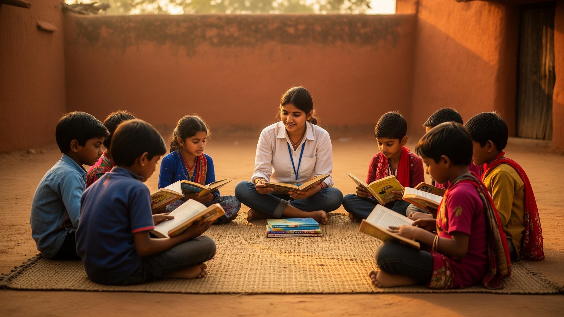 Children sitting in a circle on a woven mat reading books with a volunteer teacher in a village courtyard at golden hour